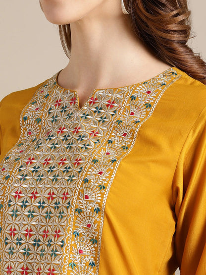 Women's Mustard Kurta With Mutli Color Woven Yoke And Banarasi Dupatta
