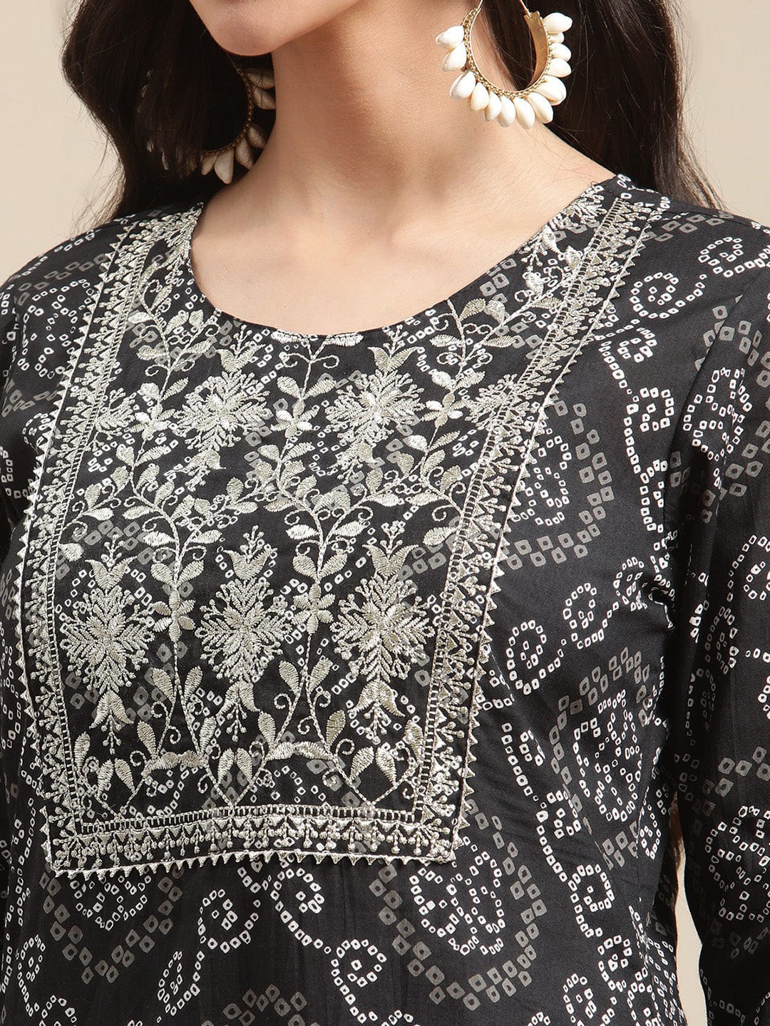 Women's Black And White Bandhej And Leheriya Printed Zari Embroidery Kurta Sharara Set With Leheriya Dupatta
