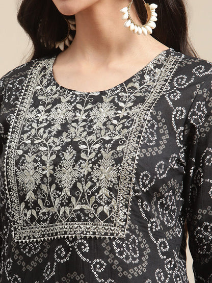 Women's Black And White Bandhej And Leheriya Printed Zari Embroidery Kurta Sharara Set With Leheriya Dupatta