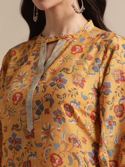 Women's Mustard Floral Printed Zari Work Straight Kurta Trouser Set
