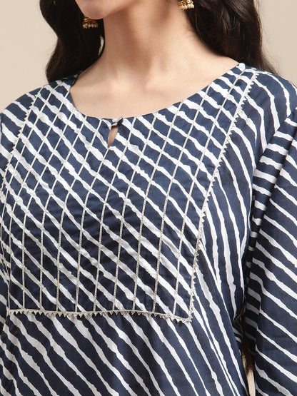 Women's Navy Blue And White Leheriya Gota Work Kurta With Trouser And Sequins Emebllished Dupatta