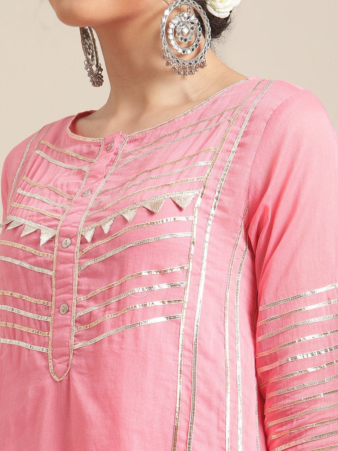 Women's Peach Gota Embellished A Line Kurta With Gota Embellished Palazzo