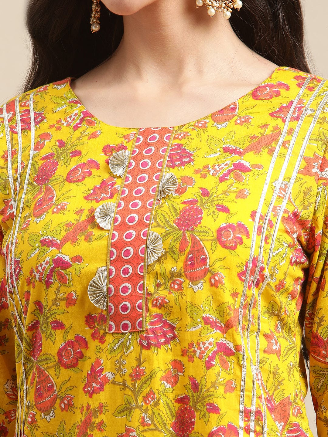Women's Mustard Floral Gota Embellished Printed Kurta Sharara Set With Pink Tie N Dye Dupatta