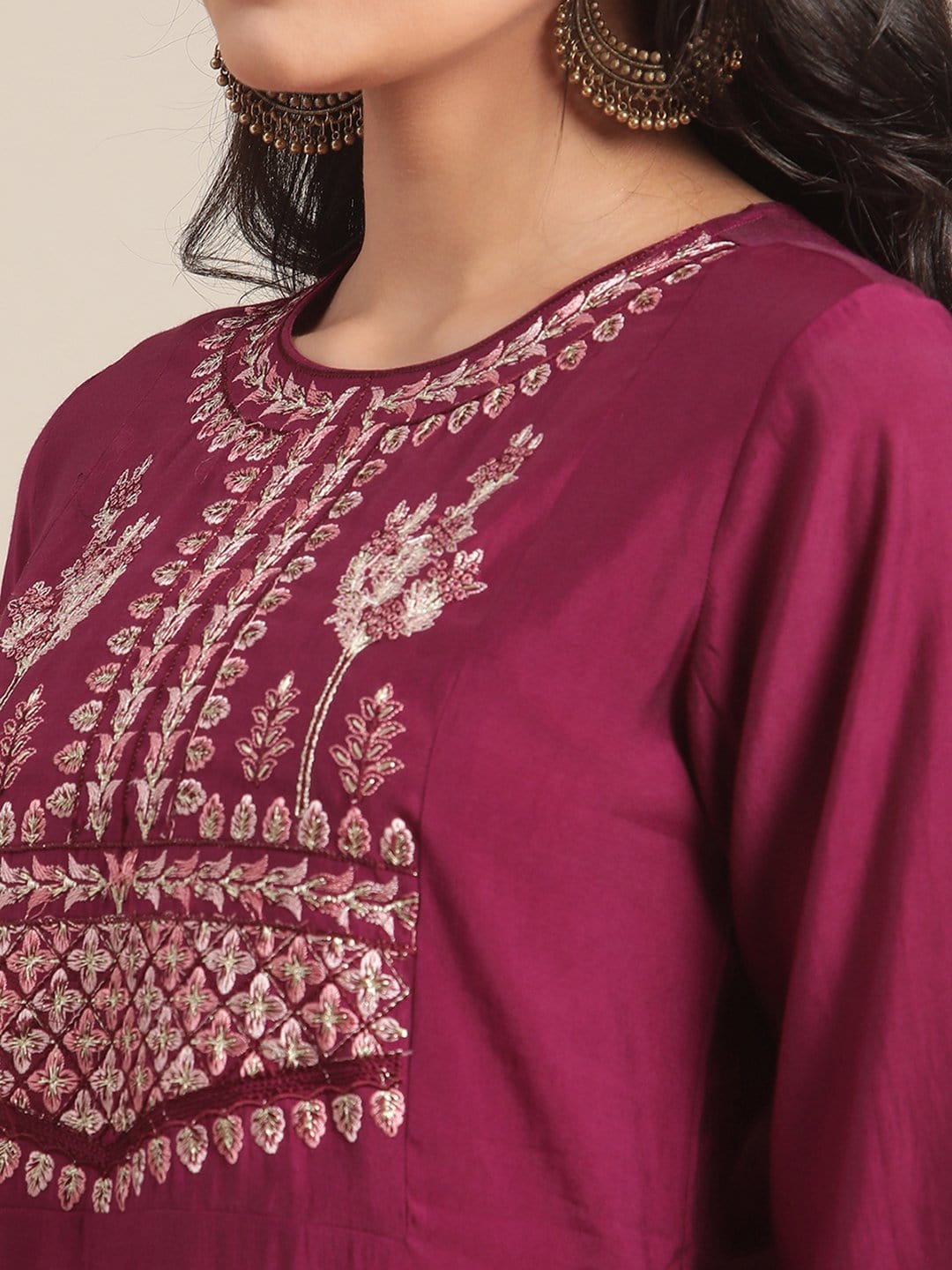 Women's Wine Zari And Resham Embroidere Kurta  Trouser Set