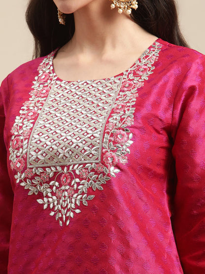 Women's Magenta Floral Gota Patti Embroidery Kurta Trouser Set With Organza Dupatta