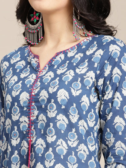 Women's Indigo Floral Printed Kurta With Handwork On Placket And Yoke