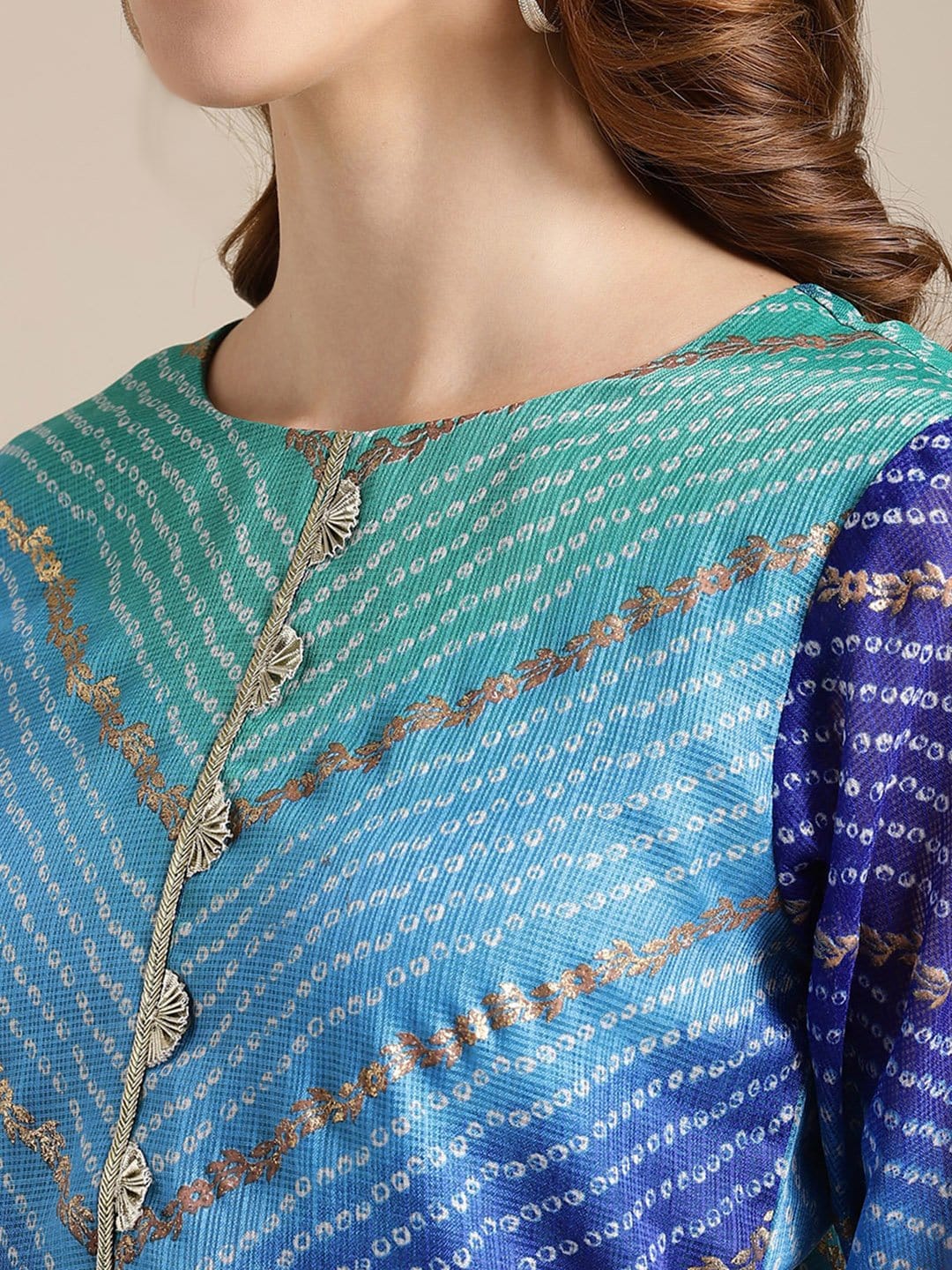 Women's Blue And Sea Green Bandhej Foil Printed Kurta With Gota Fan Embellishment On Yoke