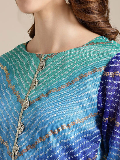 Women's Blue And Sea Green Bandhej Foil Printed Kurta With Gota Fan Embellishment On Yoke