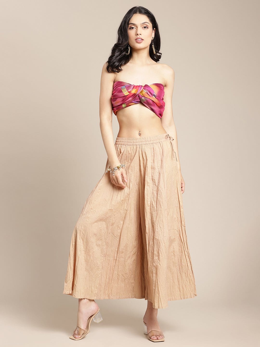 Women's Beige Flared Crushed Palazzo