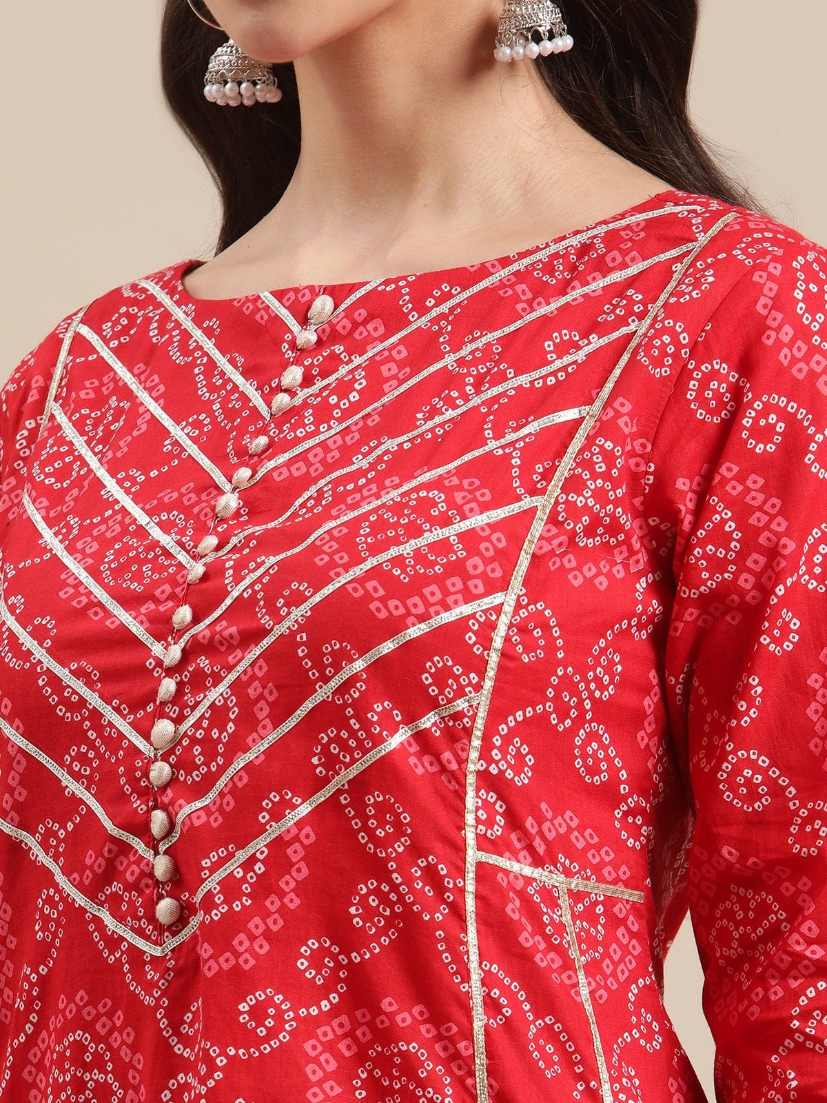 Women's Red Bandhej A Line Gota Embellished Kurta With Round Keyhole At Back