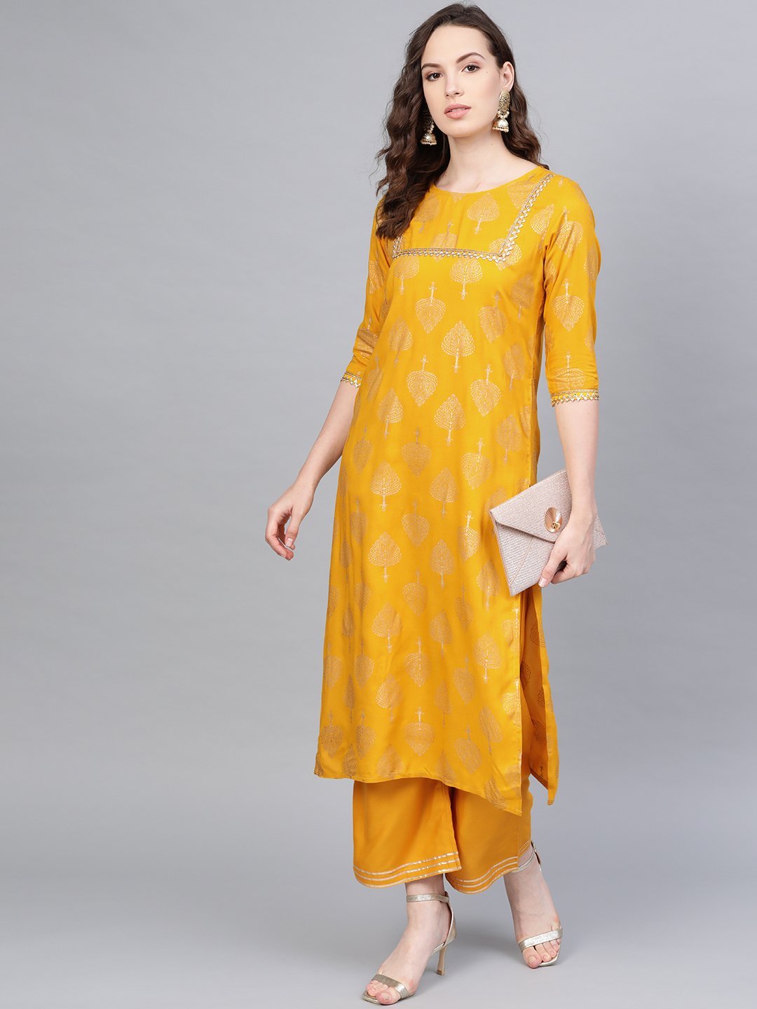 Women's Yellow Cotton Printed Half Sleeve Round Neck Casual Kurta Palazzo Set