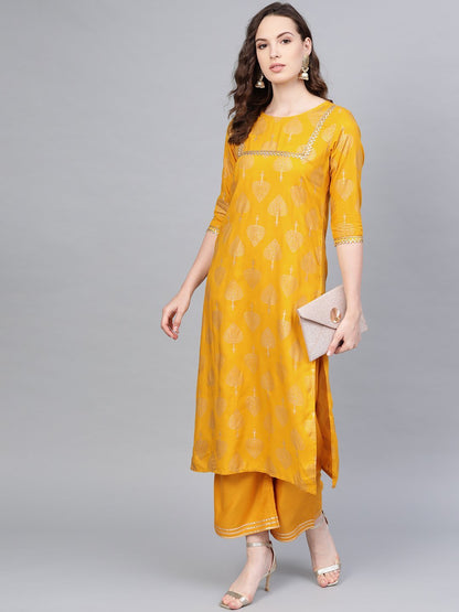 Women's Yellow Cotton Printed Half Sleeve Round Neck Casual Kurta Palazzo Set
