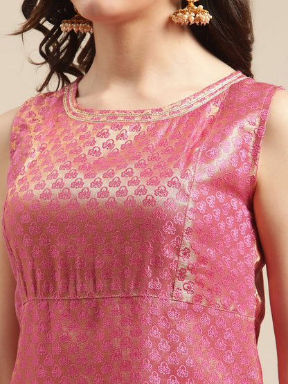Women's Pink And Gold Brocade Sleeveless Kurta Sharara Set With Sequins Ruffle Dupatta
