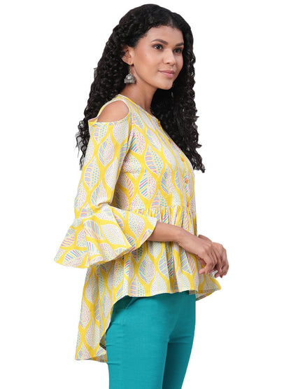 Women's Yellow Printed 3/4 Sleeve Round Neck Cotton Casual Top