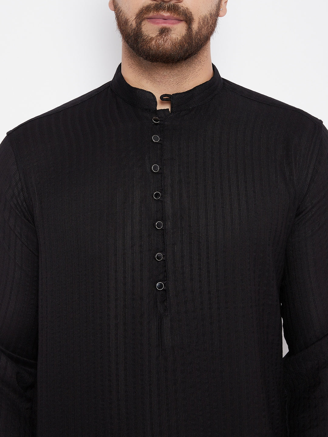 Men's Woven Design Black Straight Kurta