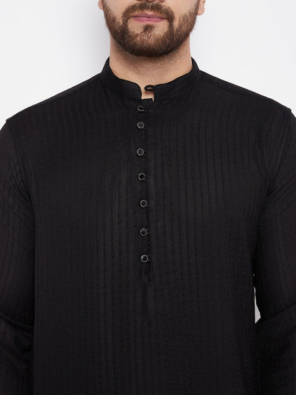 Men's Woven Design Black Straight Kurta