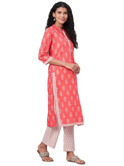 Women's Orange Printed 3/4 Sleeve Cotton Round Neck Kurta & Pant Set