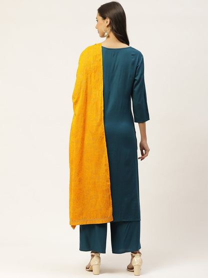 Women's Teal Blue Solid Kurta with Palazzos & Ethnic Motifs Hand Printed Dupatta