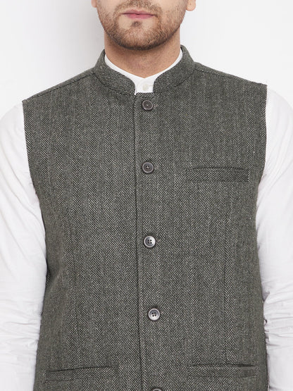 Men's Green Color Woven Nehru Jacket