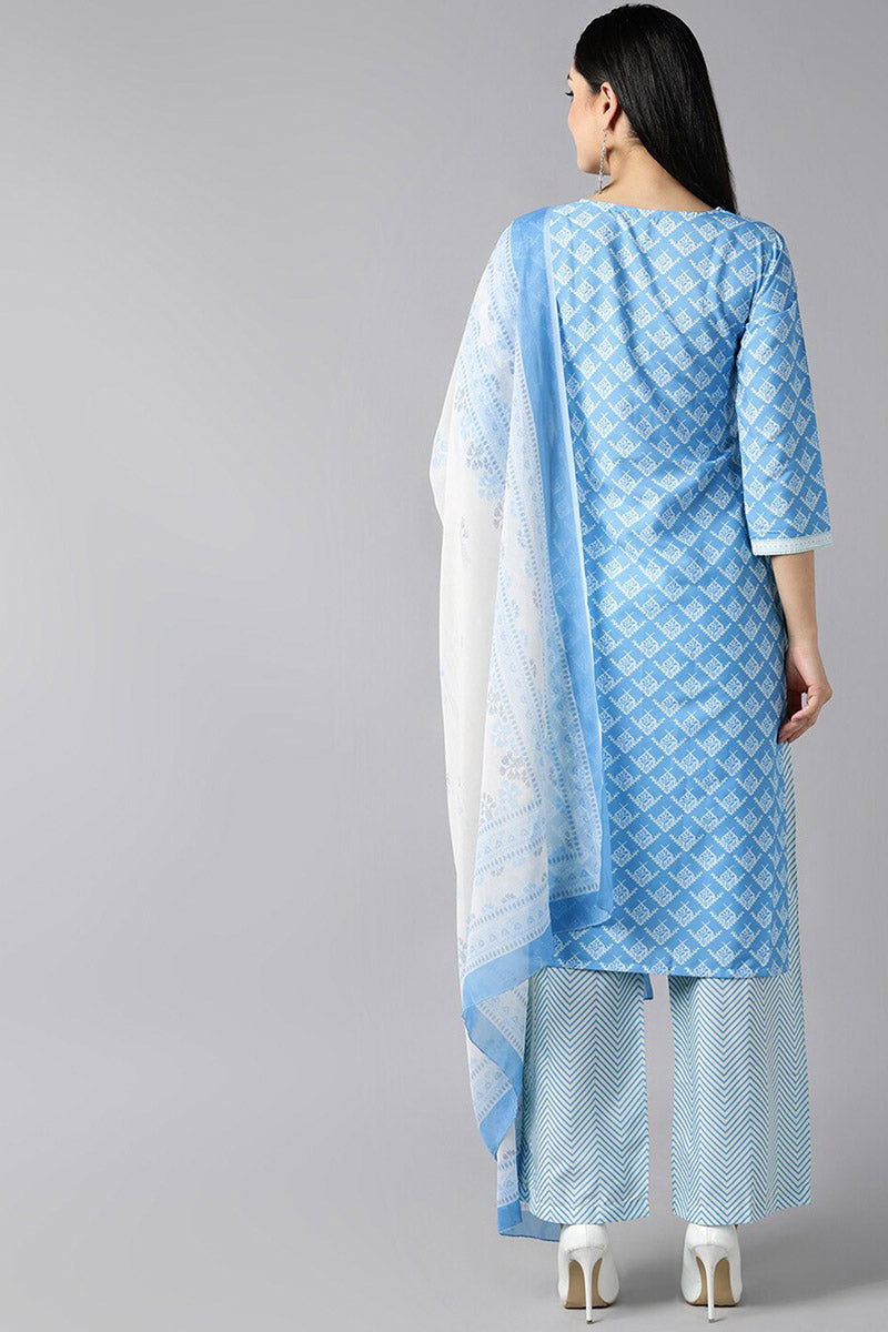 Women's Blue White Floral Printed Regular Kurta With Pants Dupatta