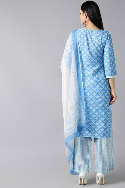 Women's Blue White Floral Printed Regular Kurta With Pants Dupatta