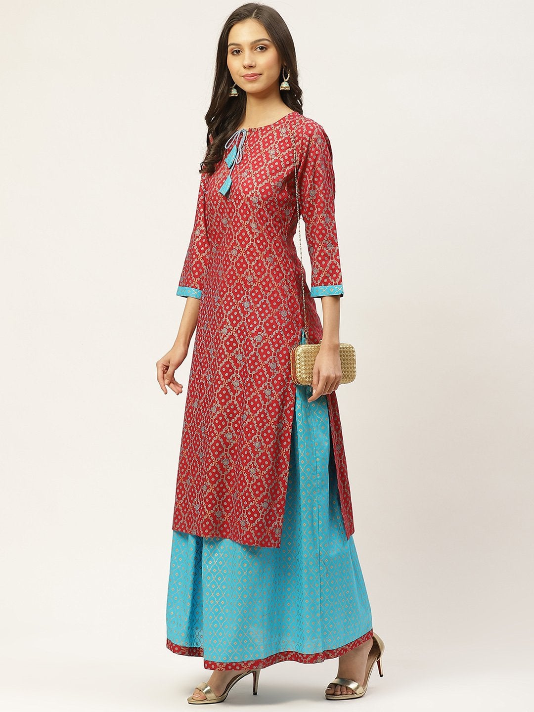 Women's Red & Blue Ethnic Motifs Hand Printed Kurta with Skirt