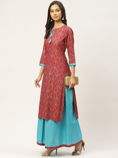 Women's Red & Blue Ethnic Motifs Hand Printed Kurta with Skirt