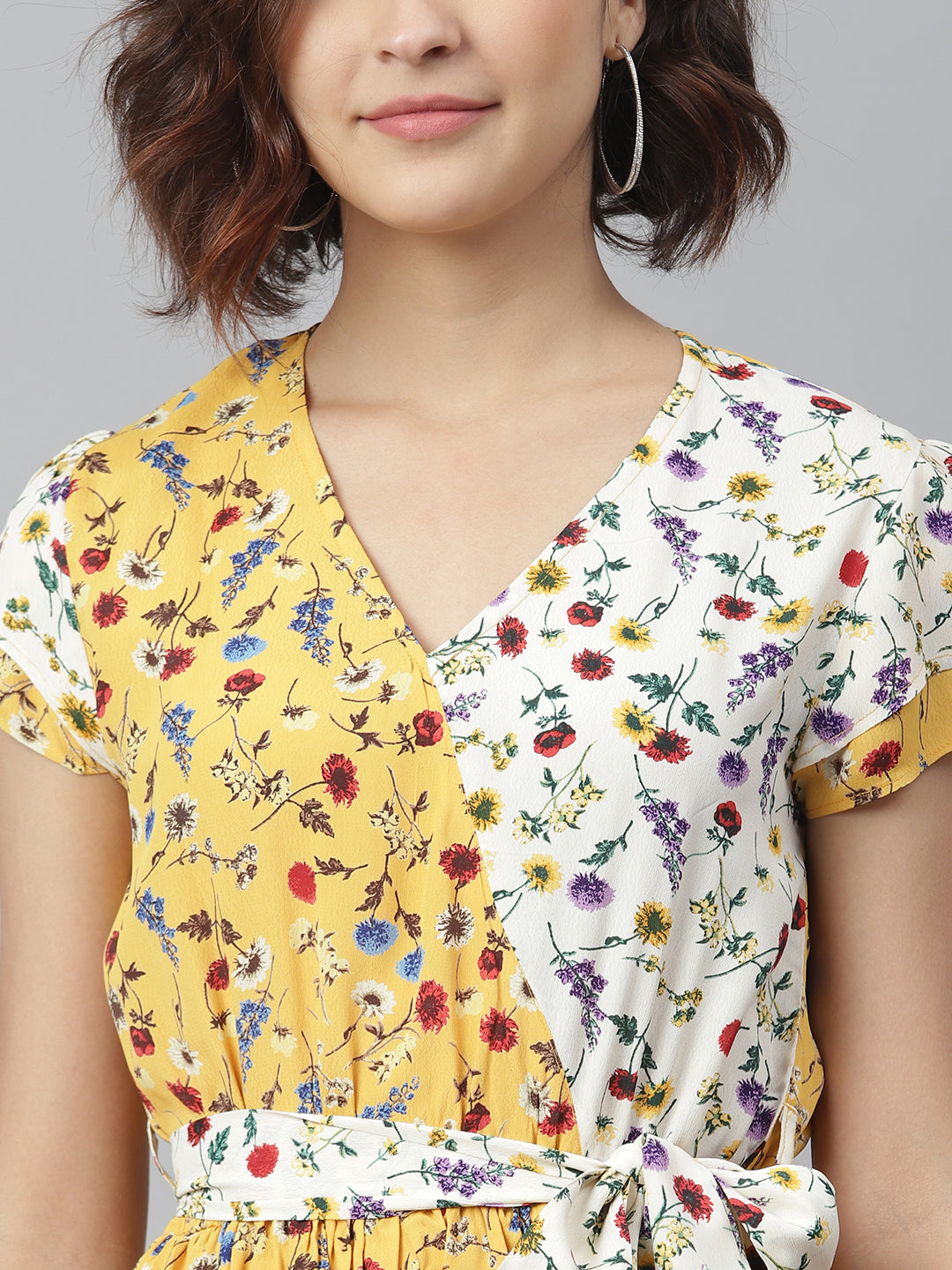 Women's Yellow & White Printed Wrap Dress with Contrast panel