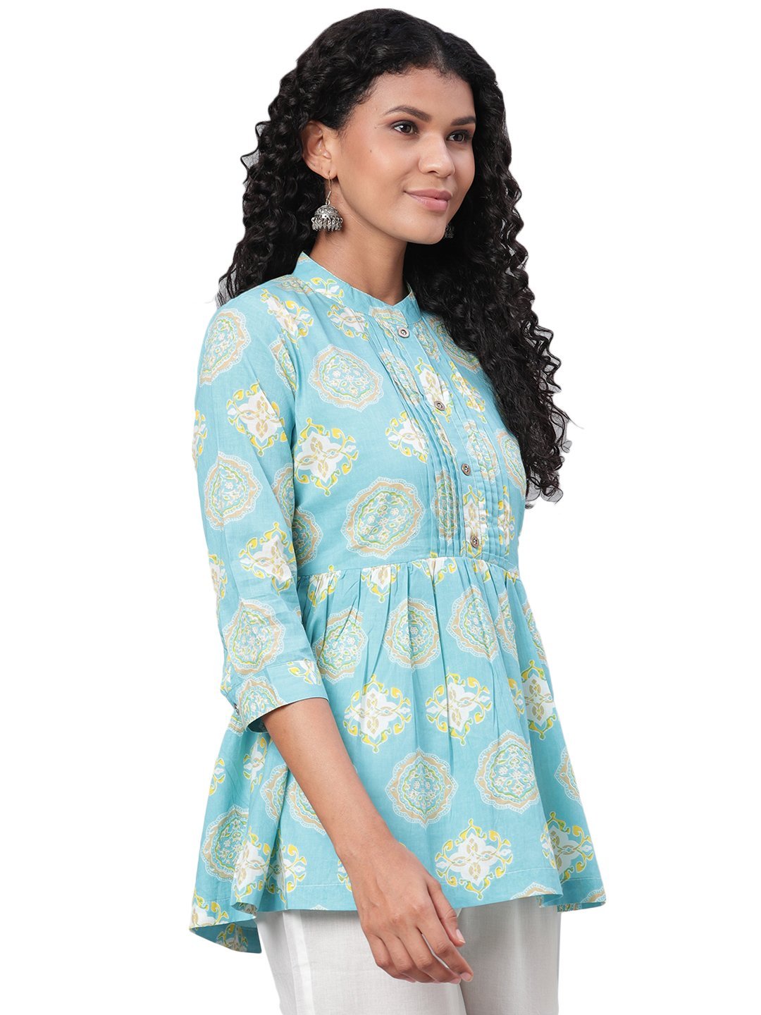 Women's Green Printed 3/4 Sleeve Coller Neck Cotton Casual Top
