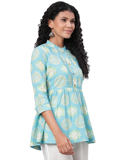 Women's Green Printed 3/4 Sleeve Coller Neck Cotton Casual Top