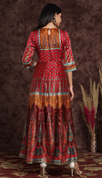 Women's Maroon Dull Satin Printed Anarkali Dress