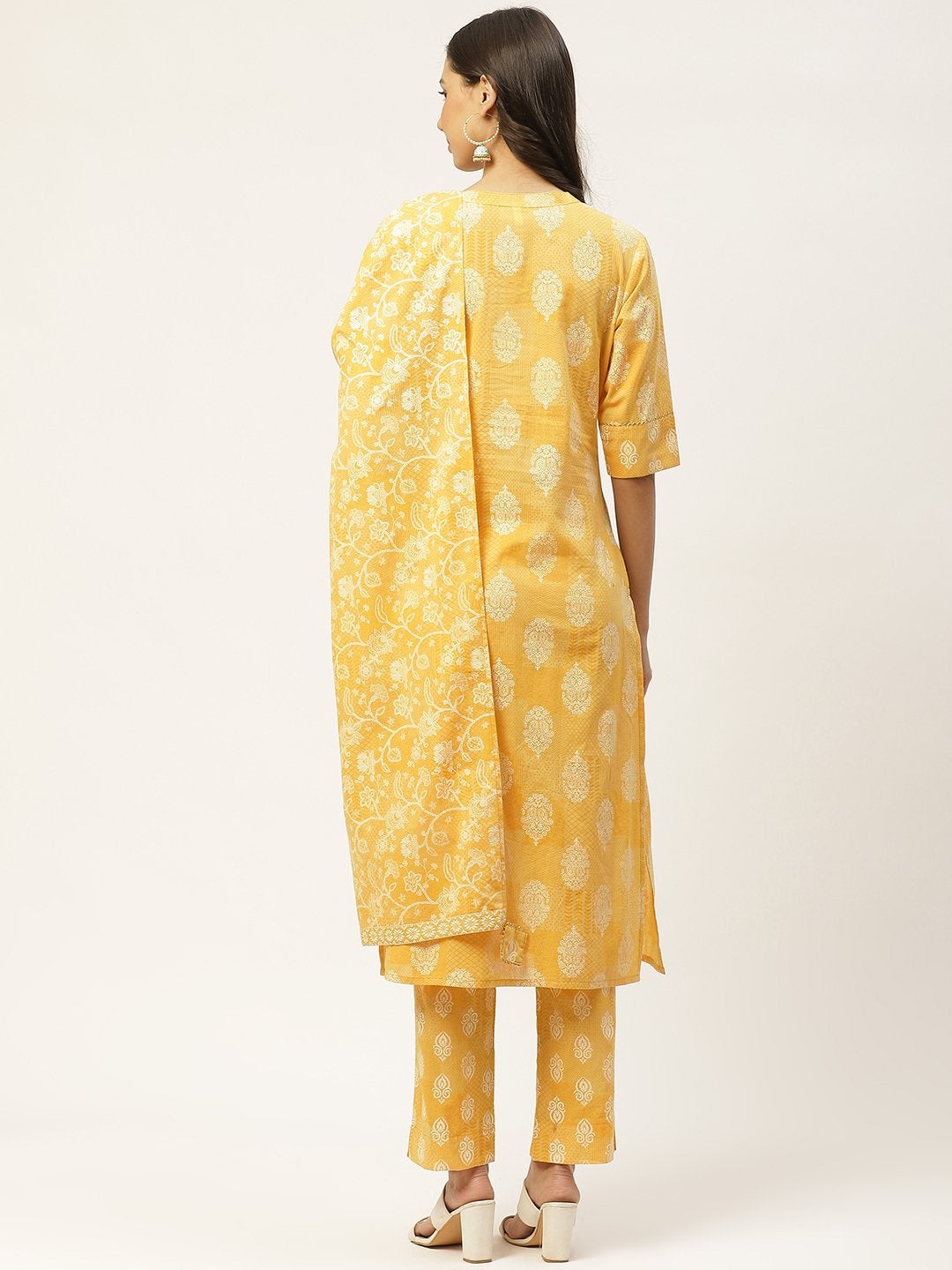 Women's Yellow & White Ethnic Hand Printed Cotton Kurta with Trousers & Dupatta