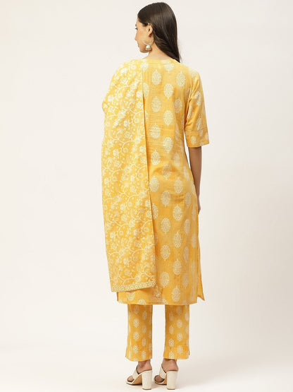 Women's Yellow & White Ethnic Hand Printed Cotton Kurta with Trousers & Dupatta