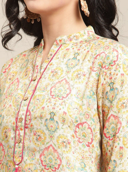 Women's Cream Pashmina Straight Mandrain Collar Neck With Placket And Tassel Having Full Sleeve And Side Slit