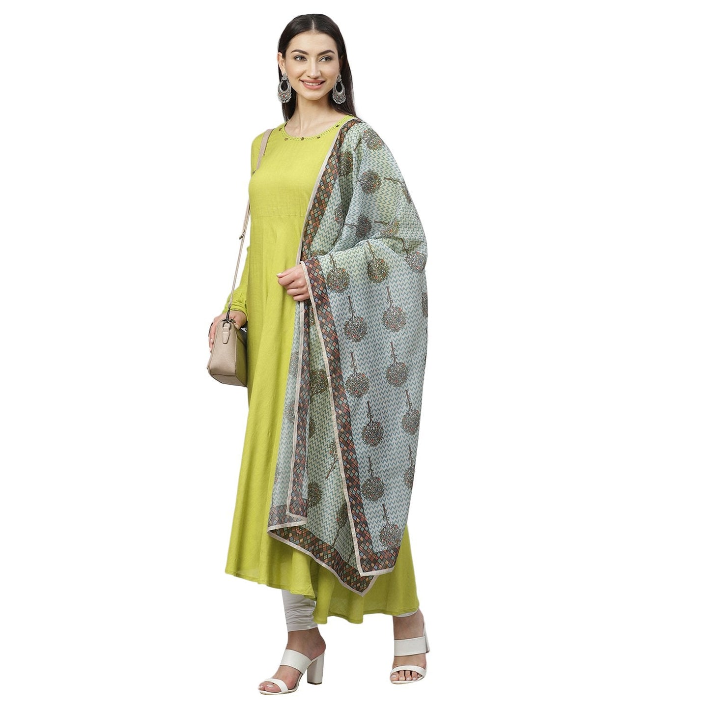 Women's Green Cotton Solid Full Sleeve Round Neck Casual Anarkali Kurta With Dupatta
