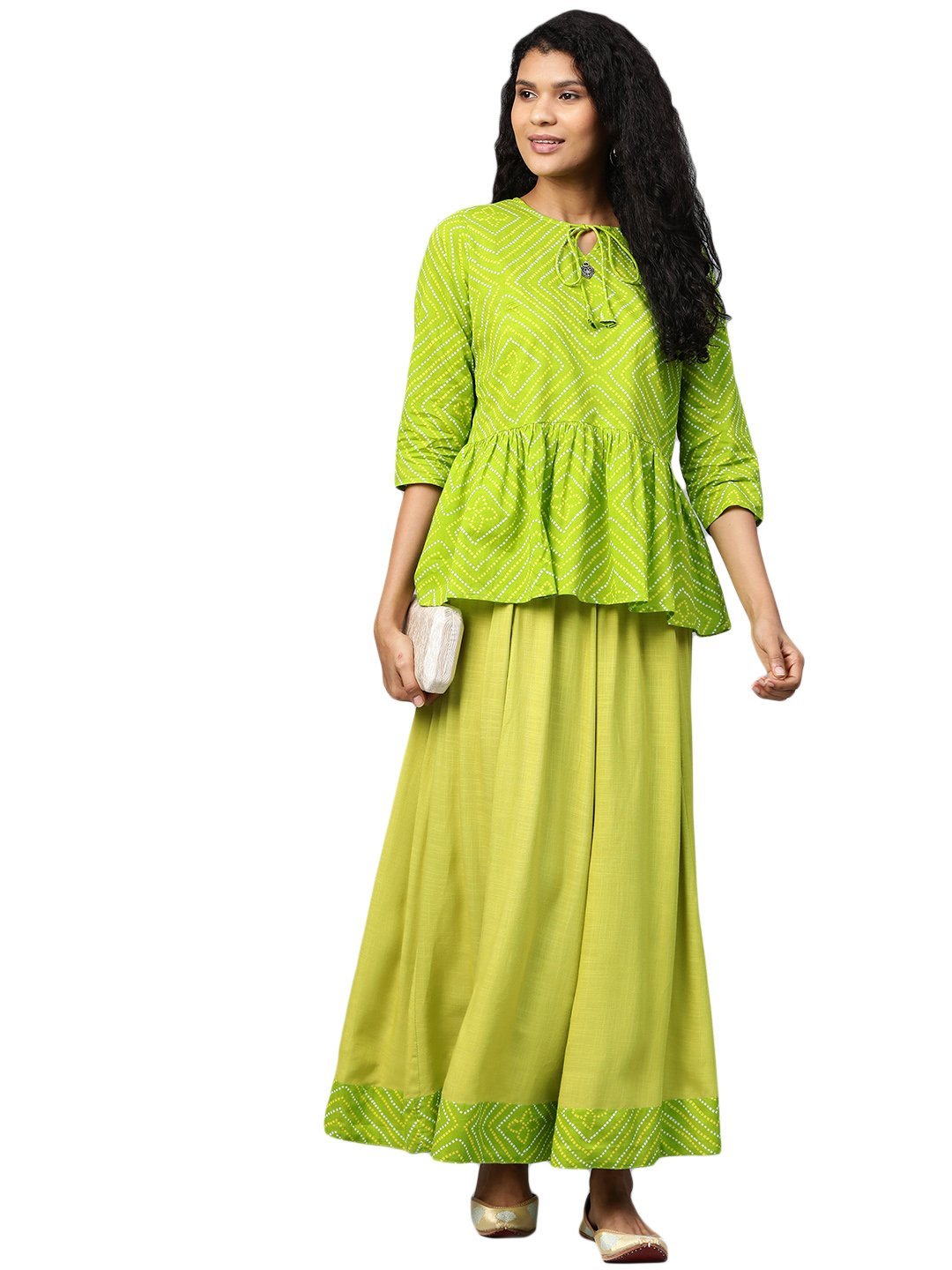 Women's Green Printed 3/4 Sleeve Cotton Round Neck Casual Kurta & Skirt Set