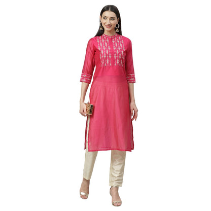 Women's Pink Chanderi Printed 3/4 Sleeve Collar Casual Kurta Pant Set