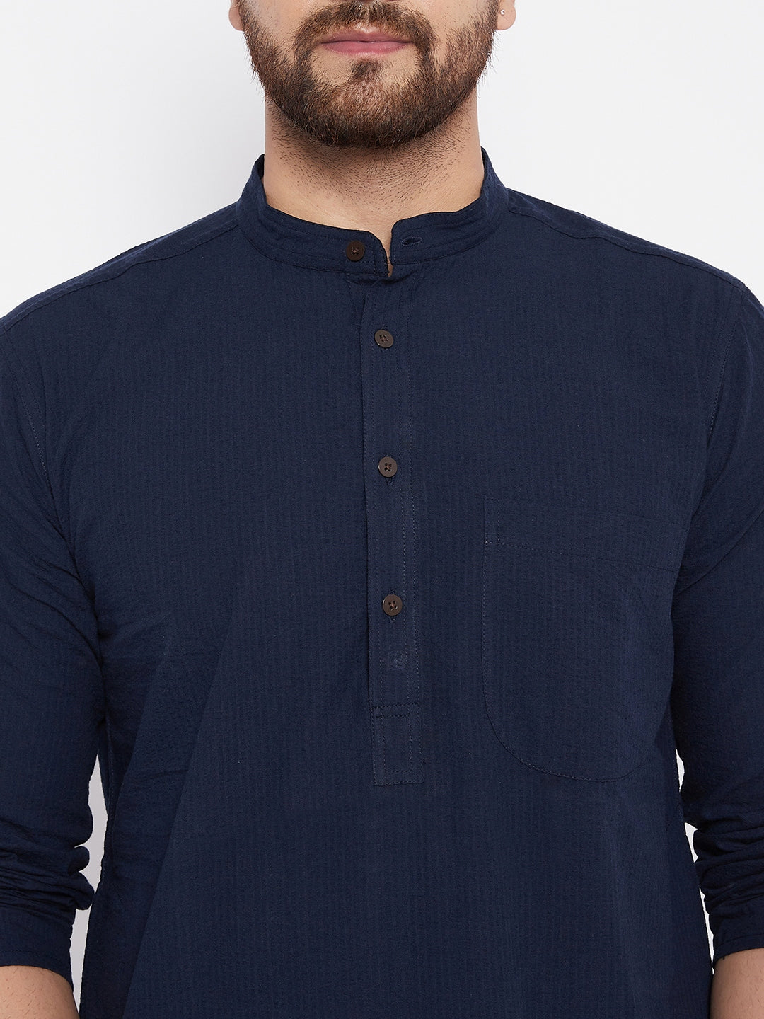 Men's Cotton Self Striped Blue Kurta