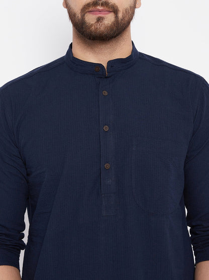 Men's Cotton Self Striped Blue Kurta