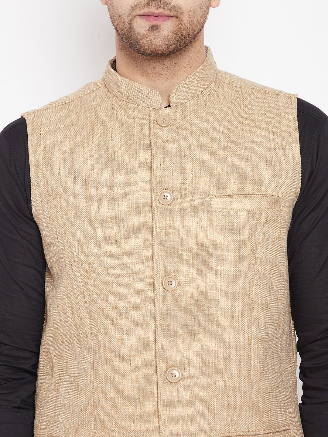 Men's Beige Color Woven Nehru Jacket
