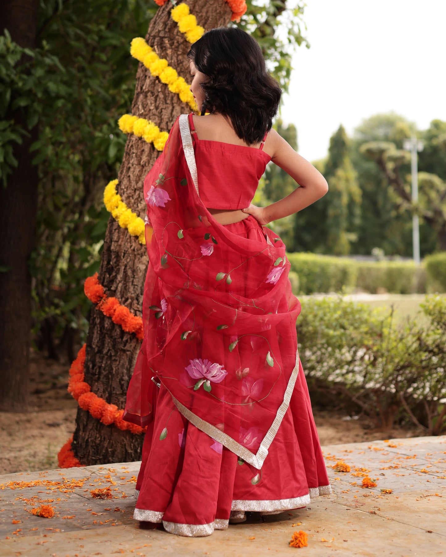 Girl's Tinsel Red Handpainted Chanderi Lehenga Set