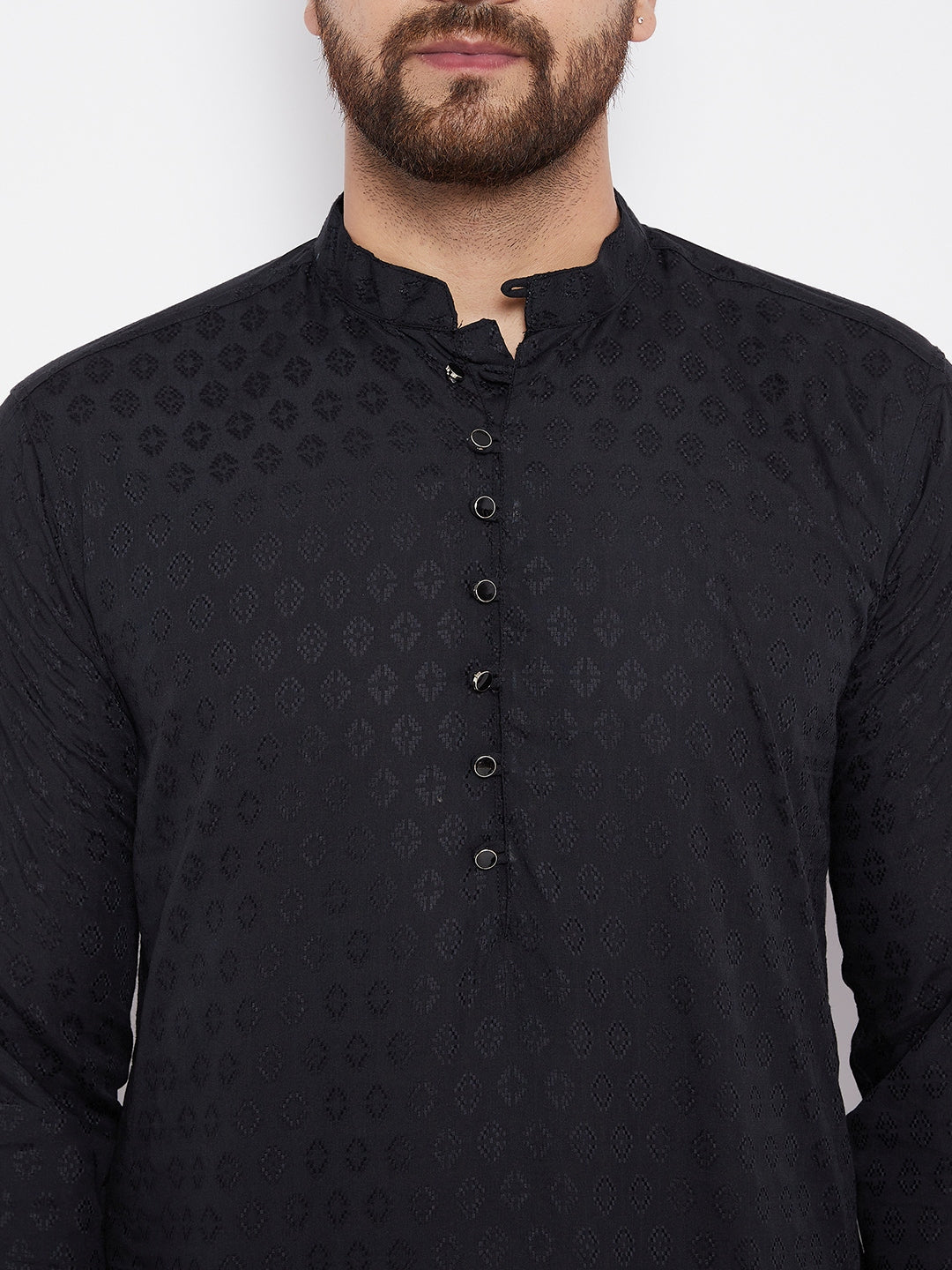 Men's Woven Design Black Straight Kurta