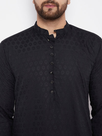 Men's Woven Design Black Straight Kurta
