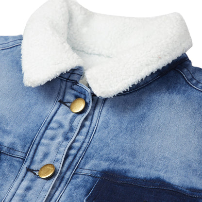 Women's Denim Jacket with Soft Warm Faux Fur Lining inside & Washed Pocket effect