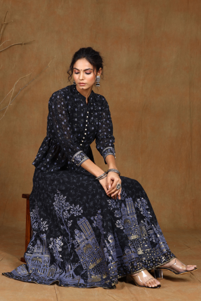 Women's Black Georgette Printed Lehenga Choli