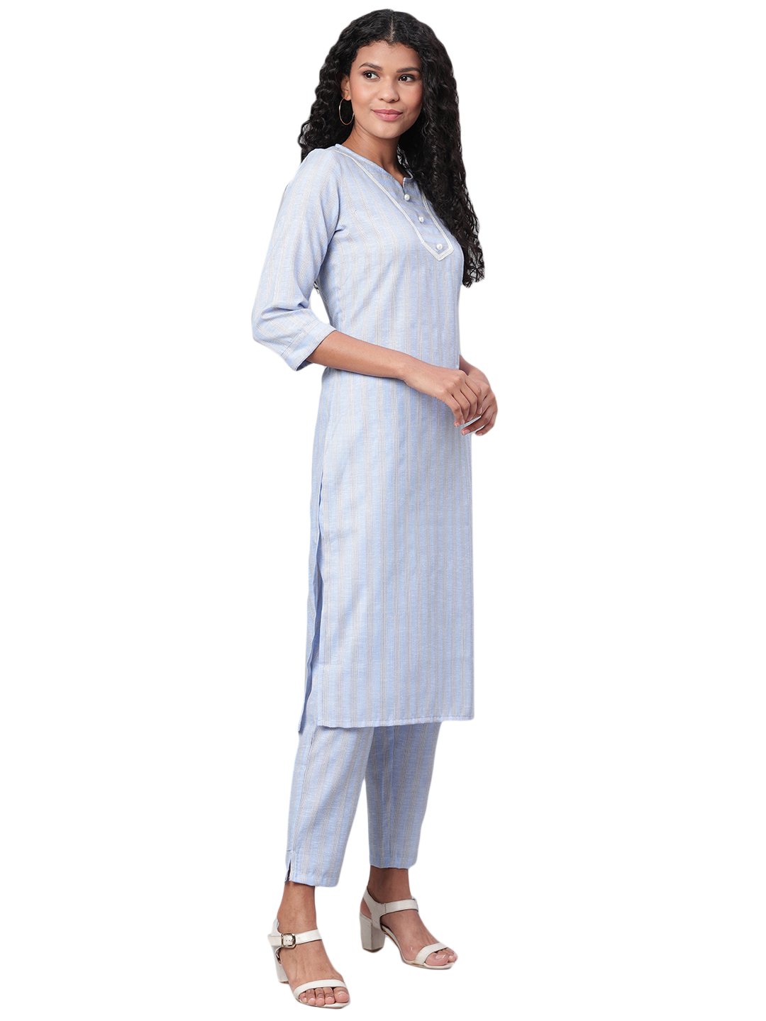 Women's Blue Printed 3/4 Sleeve Cotton Maidran Coller Kurta & Palazzo Set