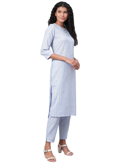 Women's Blue Printed 3/4 Sleeve Cotton Maidran Coller Kurta & Palazzo Set