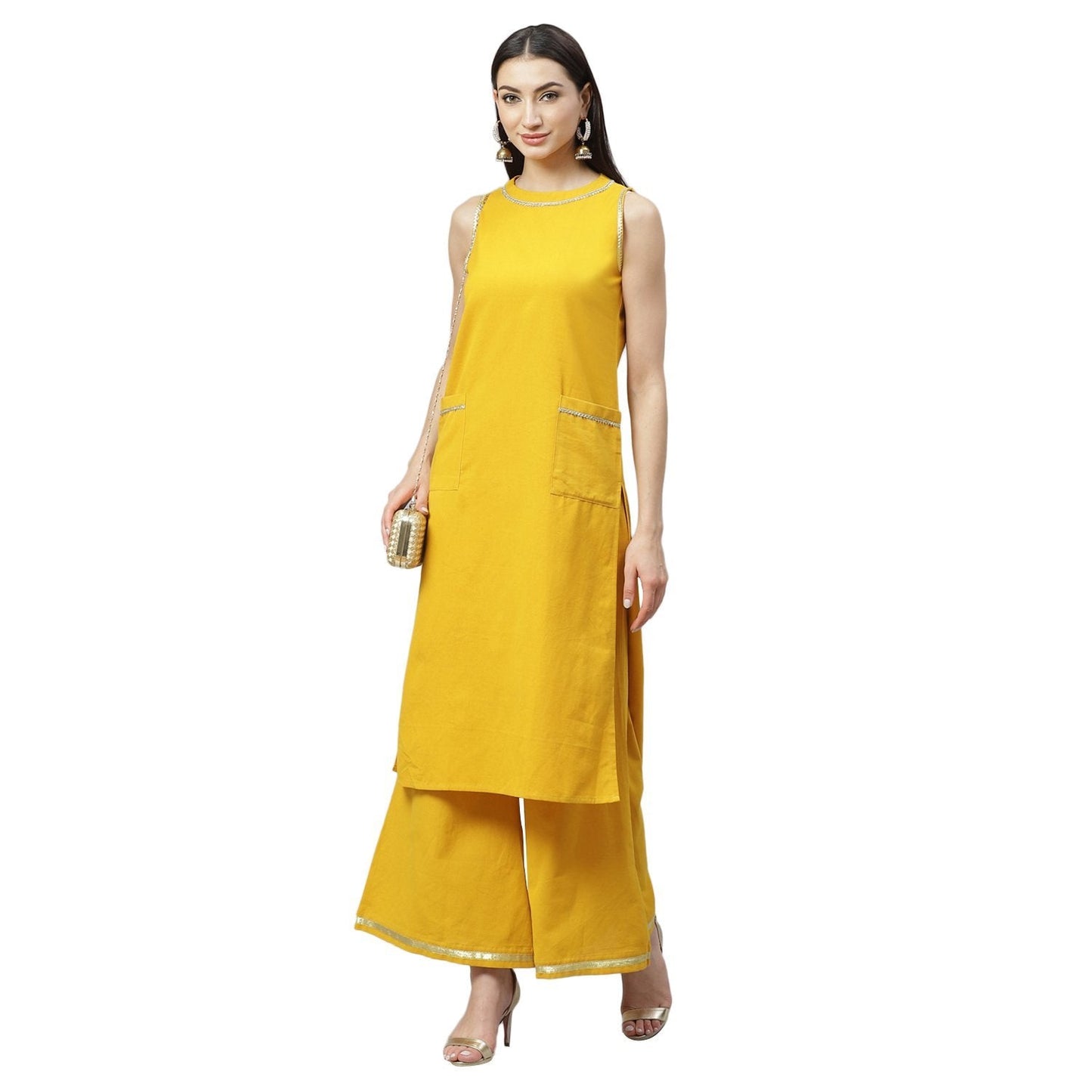 Women's Mustrd Cotton Solid Sleeveless Round Neck Casual Kurta Palazzo Set