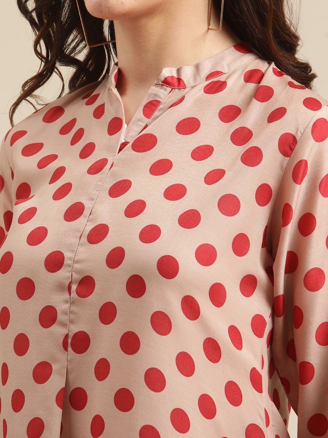 Women's Rust And Beige Polka Dot Printed High -Low Kurta