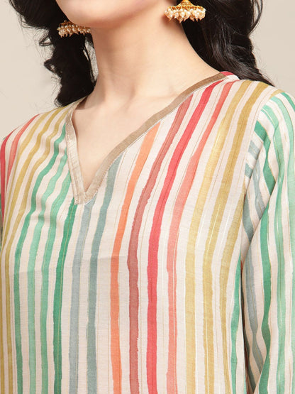 Women's Multicolored Striped V Neck A-Line Kurta With Shimmer Taping